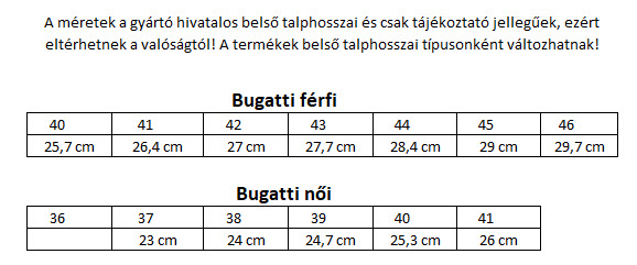 Bugatti mérettáblázat